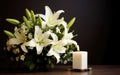 Solemn Tribute Beautiful White Lilies Bouquet and Burning Candle on Dark Background Royalty Free Stock Photo