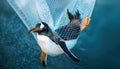Marine Pollution Penguin Entangled in Plastic Net A Heartbreaking Scene of Nature Conservation Crisis Showcasing Dramatic Royalty Free Stock Photo