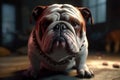 Ai Generative English bulldog with sad expression on his face sitting on the floor