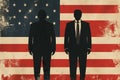 Two Silhouetted Figures Against a Weathered American Flag - A Visual Discourse on National Identity and Leadership