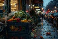 A poignant scene outside a restaurant at dusk, where an overflowing garbage bin reveals the often unseen reality of food waste. Royalty Free Stock Photo