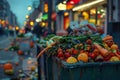 Food waste, an overflowing garbage bin filled with discarded meals and produce outside a restaurant. Generative AI