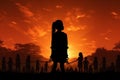 Silhouette of a child chained in front of a sunset background Ai generative