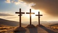 The three crosses of calvary against a glorious sunset set for Easter celebrations Royalty Free Stock Photo