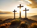 The three crosses of calvary against a glorious sunset set for Easter celebrations Royalty Free Stock Photo