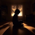 Loneliness Echoes: The Poignant Stillness of a Silhouette Child Sitting Alone in an Empty Home