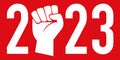 Greeting card 2023 with social conflict concept, presenting raised fist symbol on red background