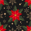 Poinsettia Christmas flowers and snowflakes seamless pattern