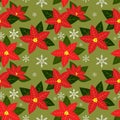 Poinsettia Christmas flowers seamless pattern with Red Poinsettia Christmas flowers and snowflakes. Royalty Free Stock Photo