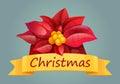 Poinsettia, Christmas Star red leaves isolated with orange Christmas label for card, print. Royalty Free Stock Photo