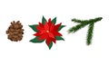 Poinsettia Flower, Fir Cone and Tree Needle Branch Vector Set