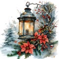 Poinsettia flowers and berries encircle the lantern Royalty Free Stock Photo