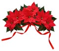 Poinsettia flowers and red ribbon bow wave arrangement