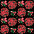 Poinsettia, holly ribbon bow Christmas seamless pattern isolated on black. Watercolor hand drawn illustration decoration Royalty Free Stock Photo