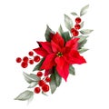 Poinsettia, holly, winter berries in Christmas bouquet. Modern Art composition flower, leaves, berries isolated on white