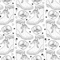 Vector seamless pattern with outline open tulip flowers, rubber boot and hearts in black on the white background.