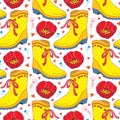 Vector seamless pattern with outline open red tulip flowers, yellow rubber boot and hearts on the white background. Royalty Free Stock Photo