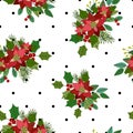 Poinsettia red, bouquets and green leaves and berries, Christmas flat vector illustration, with back polka dot, seamless pattern Royalty Free Stock Photo