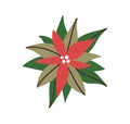 Poinsettia, red flower top view. Christmas floral plant, winter holiday bloom with leaf. Traditional natural ornament