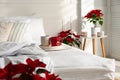Poinsettias near bed in light cozy room. Christmas Interior design Royalty Free Stock Photo