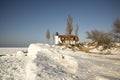 Point Betsie Lighthouse, Lake Michigan in ice in winter Royalty Free Stock Photo