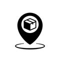 Point of delivery location vector icon. Shop order delivery, package and location pin, racking box, receive postal parcel, pick up
