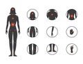 Point of female body pain. Injury icon set. Silhouette of a woman with different body pain. Vector