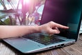The point finger touching the laptop screen for inputting the network security key Royalty Free Stock Photo