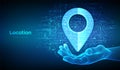 Point of location icon made with binary code in wireframe hand. Pointer of map. Gps pointer. Navigation pin point global position Royalty Free Stock Photo