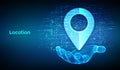 Point of location icon made with binary code in wireframe hand. Pointer of map. Gps pointer. Navigation pin point global position Royalty Free Stock Photo