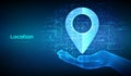 Point of location icon made with binary code in wireframe hand. Pointer of map. Gps pointer. Navigation pin point global position Royalty Free Stock Photo