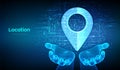 Point of location icon made with binary code in wireframe hands. Pointer of map. Gps pointer. Navigation pin point global position Royalty Free Stock Photo
