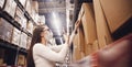 Point of postal, Woman warehouse worker in protective mask with phone scan cardboard box, service delivery banner Royalty Free Stock Photo