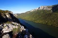 The Gorge of the Danube river seen from the Romanian bank. The Serbian bank the right bank of the river in background.