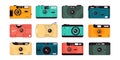 Point and shoot camera. Hipster retro camera with plastic lens, old travel photography equipment for photo shoot. Vector flat Royalty Free Stock Photo