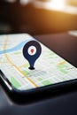Point on smartphone with GPS navigator icon and map AI generated