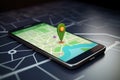 Point on smartphone with GPS navigator icon and map AI generated