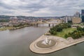 Point State Park And Fountain In Pittsburgh, Pennsylvania. Fort Pitt Bridge And Cityscape In Background