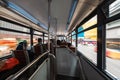 Point of view Asian people ride on second deck of tram train in Hong Kong city. Public transport Royalty Free Stock Photo