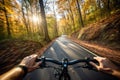 Point of view of cyclist riding in road in the forest. Vertical shot