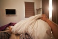 Point Of View Image Of Person Getting Out Of Bed In Morning
