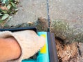 Point-of-view shot of sawing trunk with chain saw