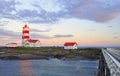 Pointe-des-Monts Lighthouse at sunset with reflections in the sea, Cote-Nord, Quebec