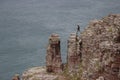 A young rock climber guy jumps over the rocks against the backdrop of the sea