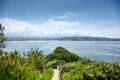 Pointe Saint Barbe of Saint Jean de Luz, Basque Country, Atlantic coast, green hill and pathway, view of the bay and the city of Royalty Free Stock Photo