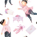 Watercolor seamless border patterns with little ballerinas Royalty Free Stock Photo