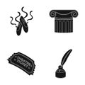 Pointe shoes, column, theater ticket, inkwell with feather. Theater set collection icons in black style vector symbol Royalty Free Stock Photo