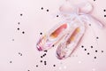 Pointe shoes made of transparent holographic glass. Christmas concept