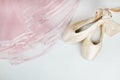 Pointe shoes and a pink tutu on a white background Royalty Free Stock Photo