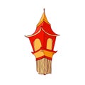 Pointed Chinese paper lantern with fringe in red and gold colors. Hanging street lamp with candle inside. Asian